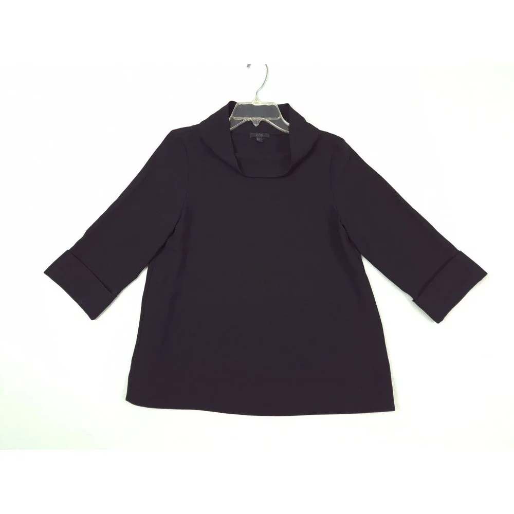 COS Funnel Neck Top S Black Minimalist Boxy Oversized 3/4 Sleeve Quiet Luxury